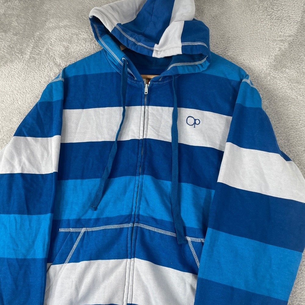 Ocean Pacific Hoodie Mens Medium Blue Striped Surf Skater Y2K Full Zip Hoodie - Picture 2 of 9